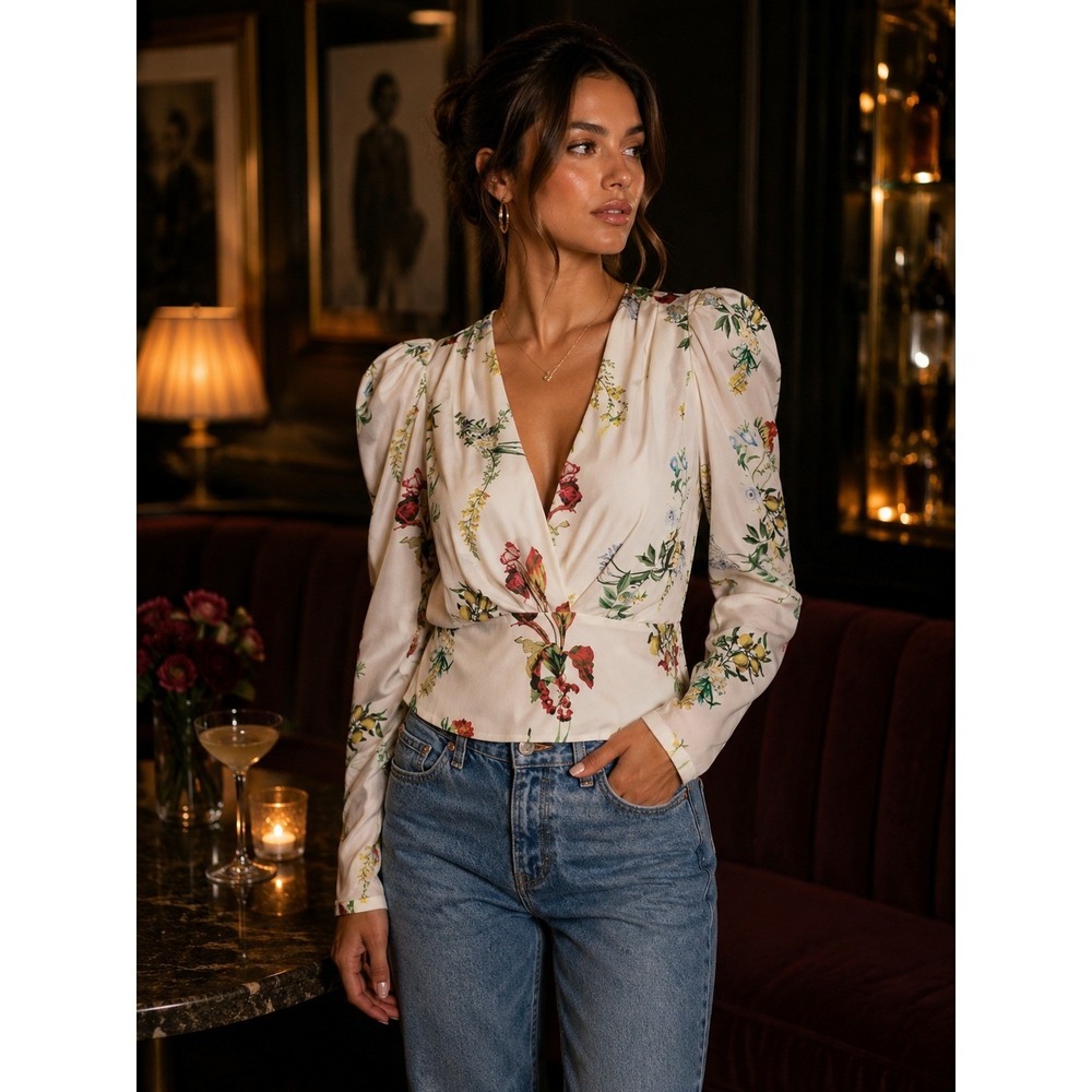 Chelsea and Walker Blouse Women 8 White Floral Silk Puff Sleeve‎ Surplice V-Neck